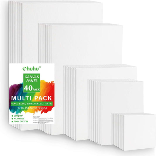 Paint Canvas Panels 40 Pack, Ohuhu Multi Size 100% Cotton Primed White Artists Canvas Boards