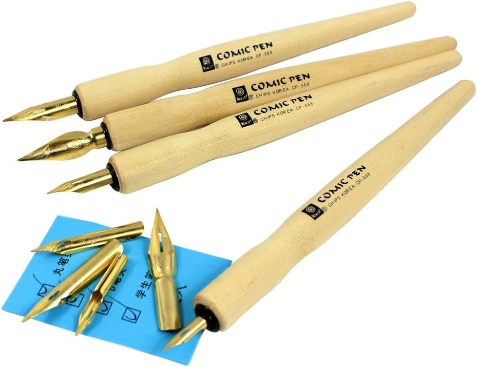 Hillento Comic Dip Pen Set, 4 Wooden Pen Handler Artist Cartoon Pen Set Calligraphy Dip Pens With 8 Nibs