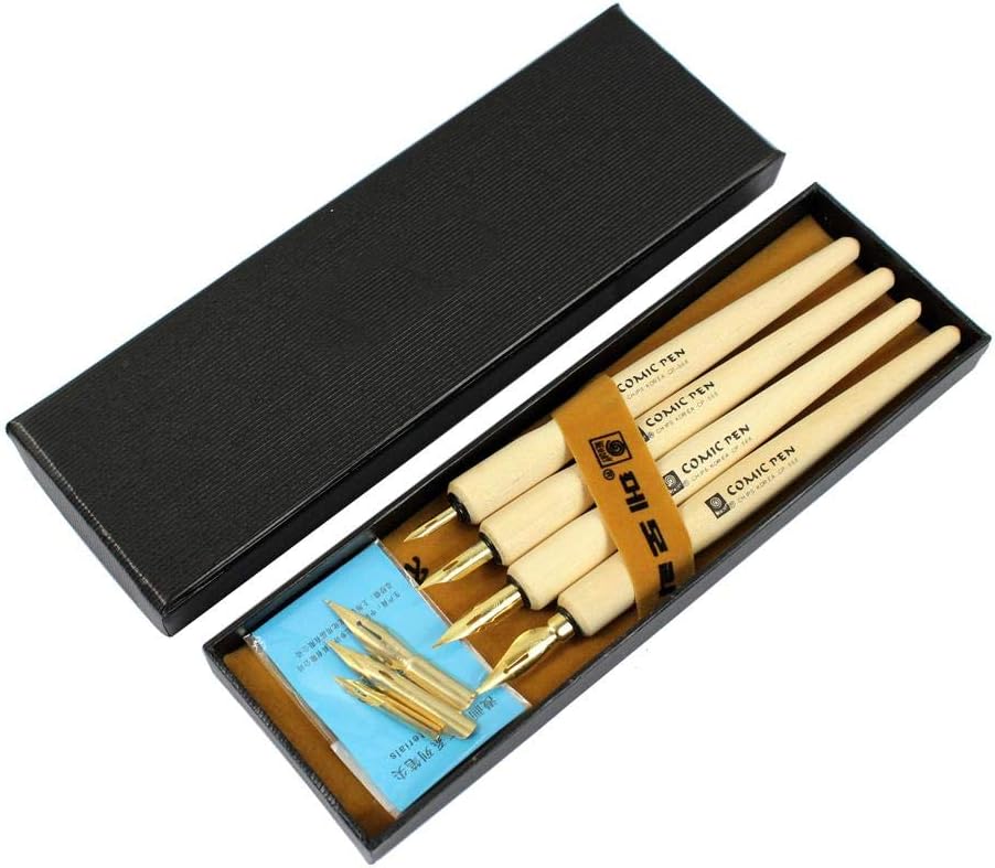 Hillento Comic Dip Pen Set, 4 Wooden Pen Handler Artist Cartoon Pen Set Calligraphy Dip Pens With 8 Nibs