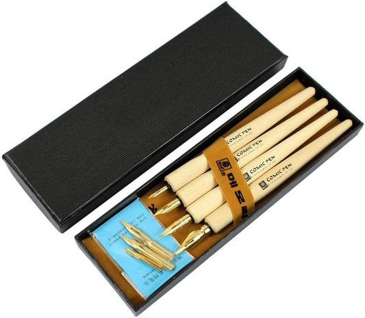 Hillento Comic Dip Pen Set, 4 Wooden Pen Handler Artist Cartoon Pen Set Calligraphy Dip Pens With 8 Nibs