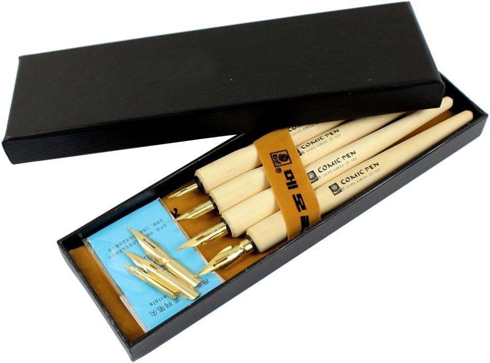 Hillento Comic Dip Pen Set, 4 Wooden Pen Handler Artist Cartoon Pen Set Calligraphy Dip Pens With 8 Nibs