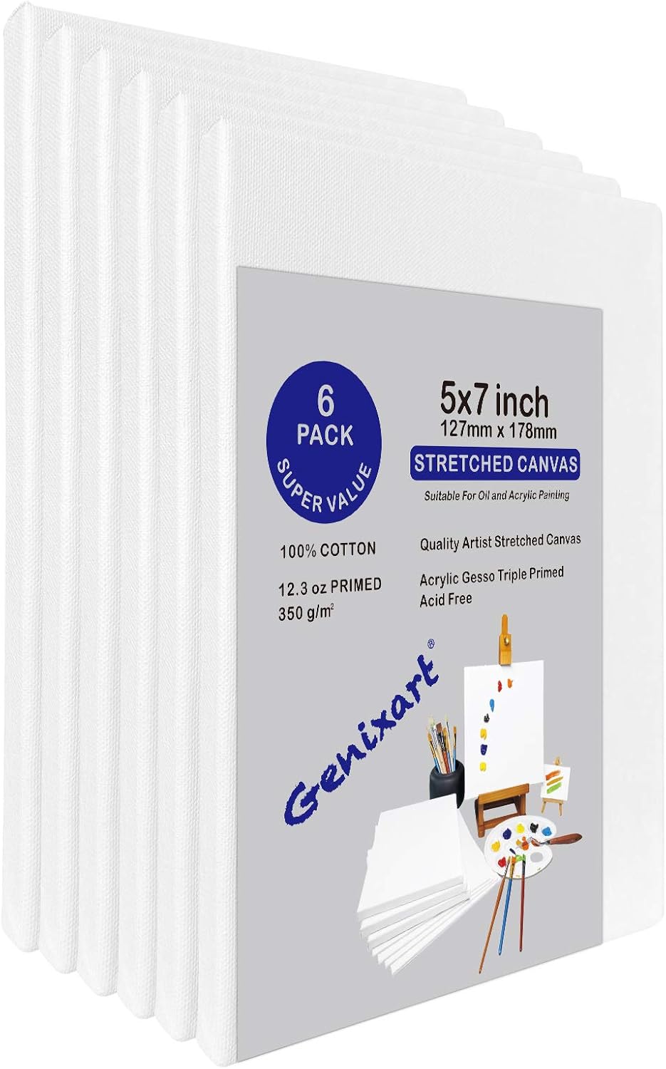 Genixart White Blank Stretched Canvas, Pack of 6, Primed Professional Artist Canvases