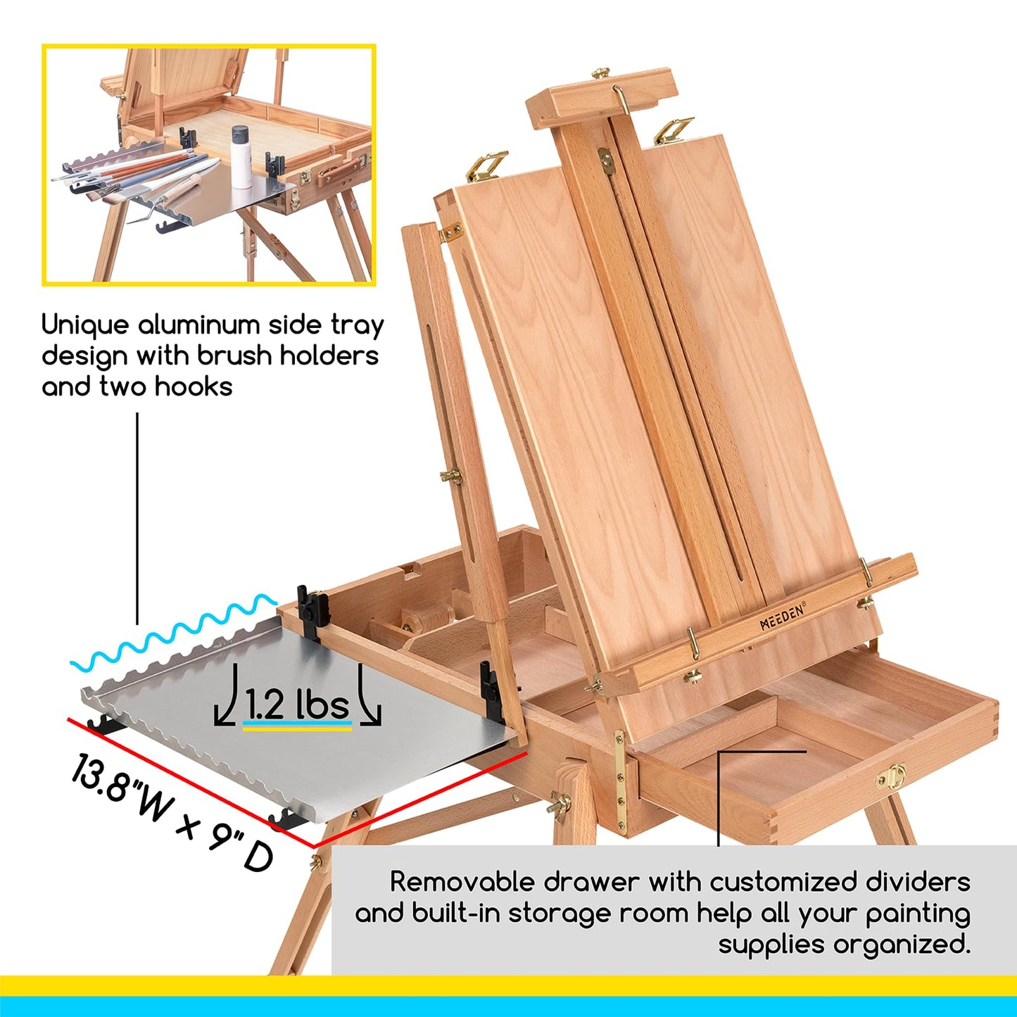 French Style Large Sketchbox Easel - Foldable Portable Beech Wood Art Field Easel with Drawer