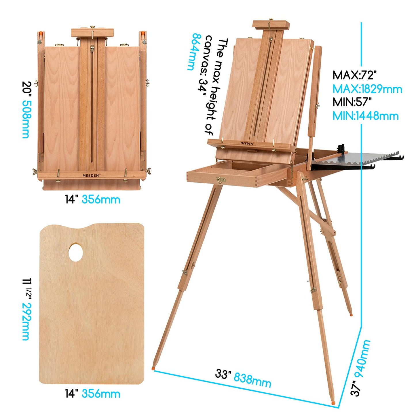 French Style Large Sketchbox Easel - Foldable Portable Beech Wood Art Field Easel with Drawer