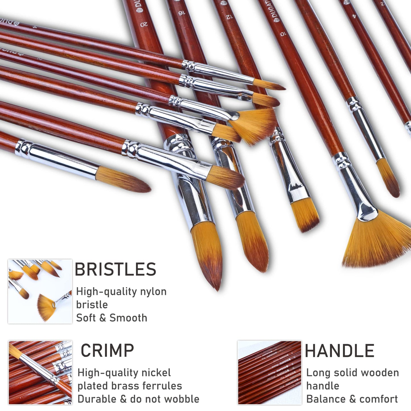 DUGATO Artist Paint Brush Set 13pcs, Long Handle Oil, Acrylic, Watercolour
