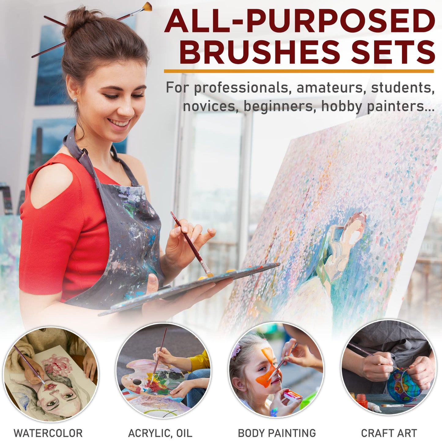 DUGATO Artist Paint Brush Set 13pcs, Long Handle Oil, Acrylic, Watercolour