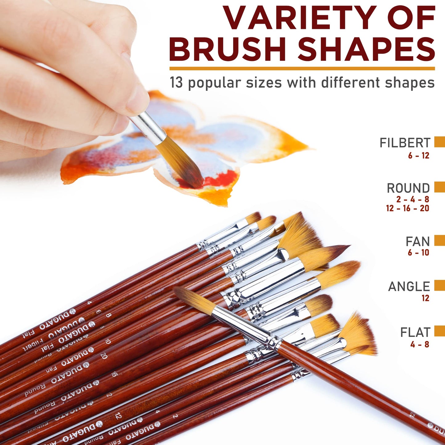 DUGATO Artist Paint Brush Set 13pcs, Long Handle Oil, Acrylic, Watercolour