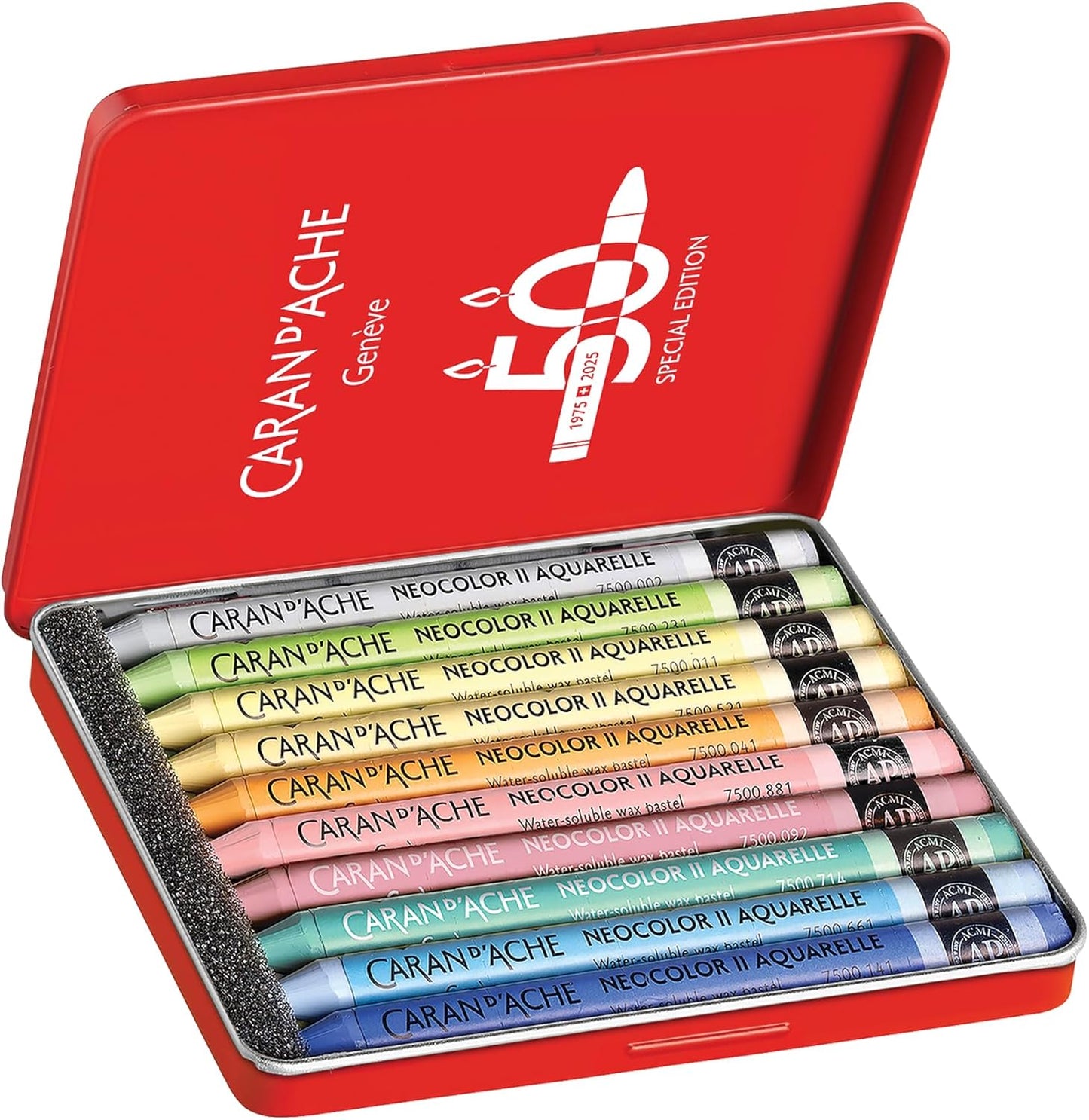 Caran d'Ache Neocolor II Water-Soluble Wax Pastels 50 Year Special Edition - Pastel - Tin of 10 Colours, Art Colouring Crayons, Art Lover Gift, Art Set Essentials, Pastels, Colouring