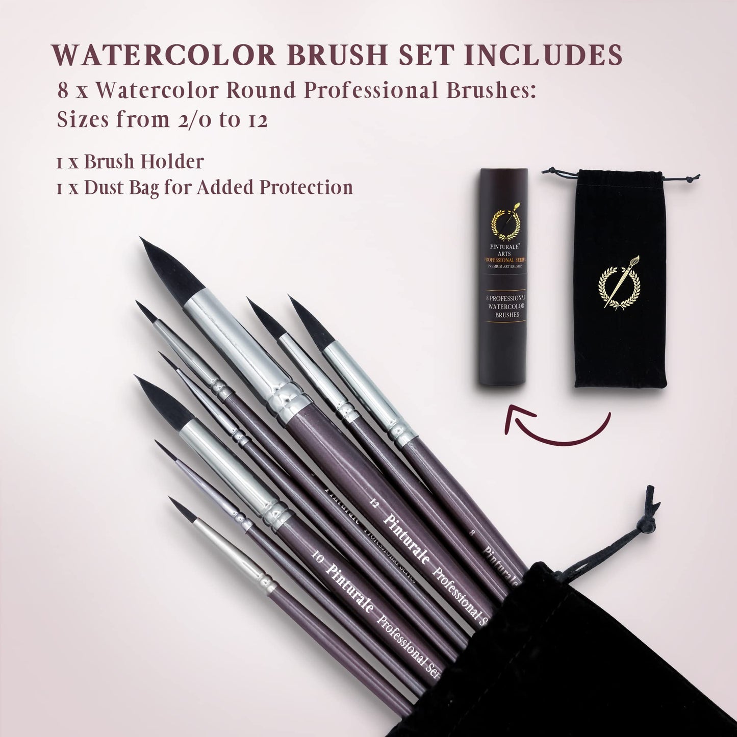 Pinturale Arts® Watercolour Brush Set for Professionals, Black Series, 8 Watercolour Brushes