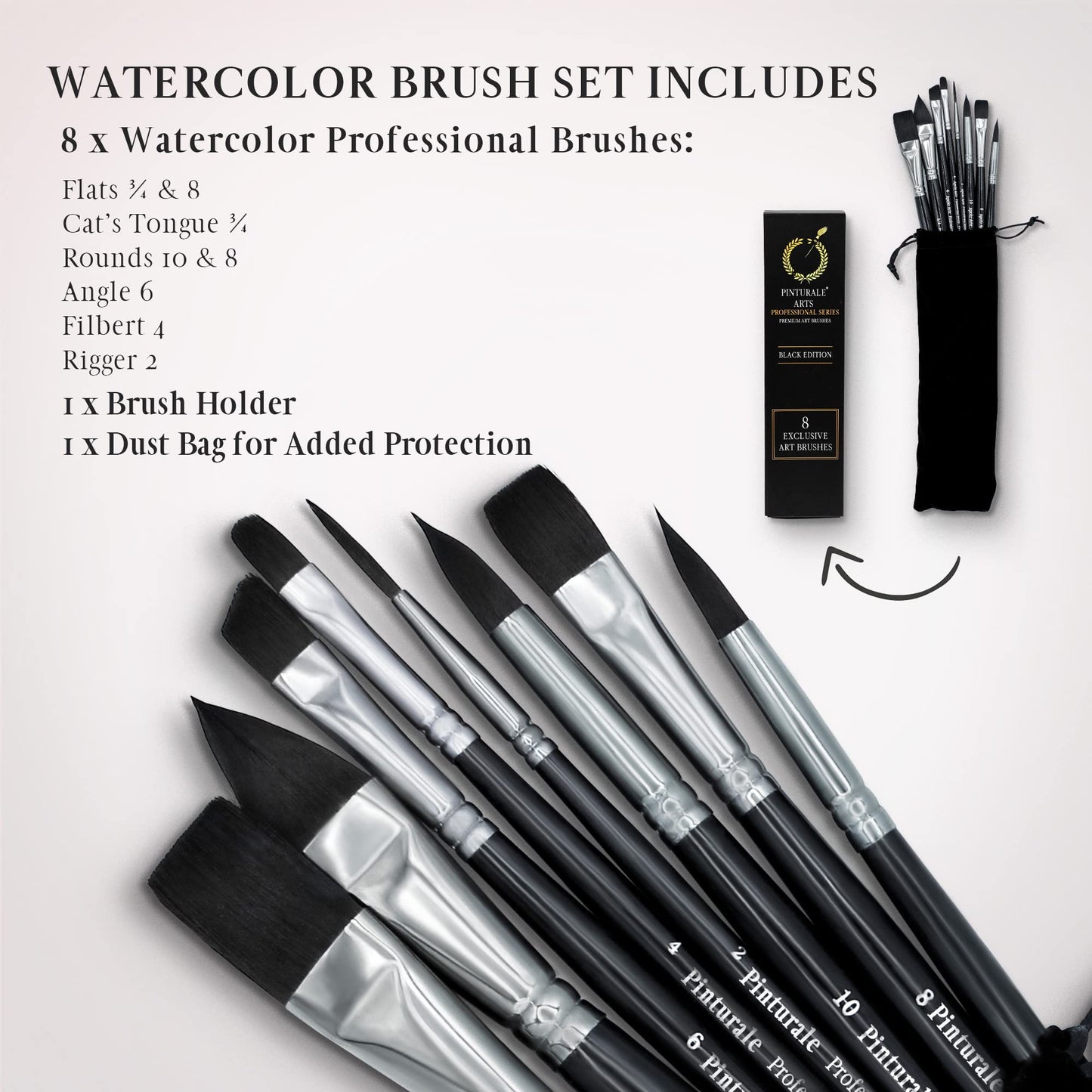 Pinturale Arts® Watercolour Brush Set for Professionals, Black Series, 8 Watercolour Brushes