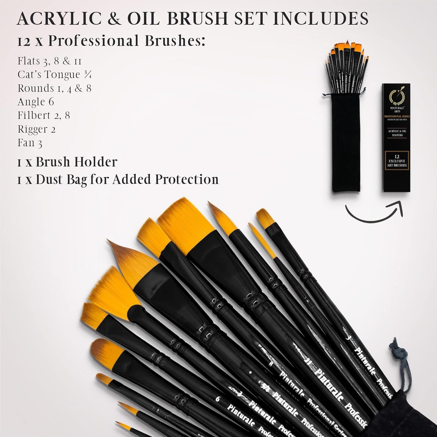 Pinturale Brush Set for Professionals, Acrylic & Oil Masters, 12-Piece Brush Set